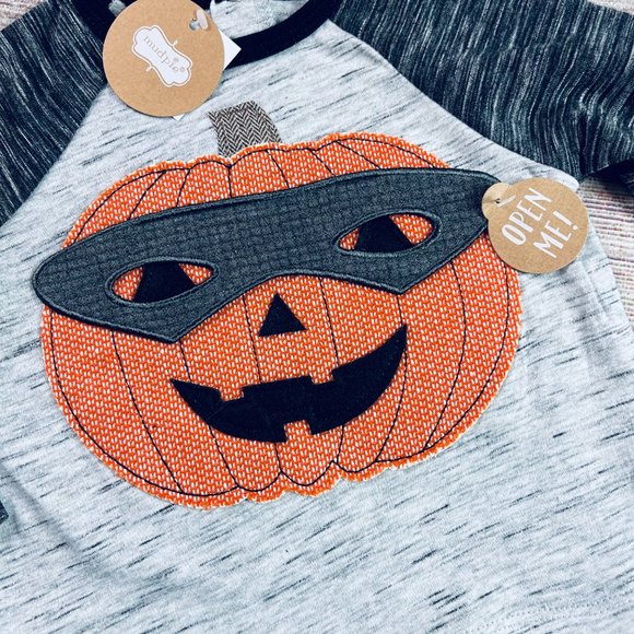 NWT Mudpie Boys 9m Halloween Pumpkin Mask Romper - Picture 2 of 4